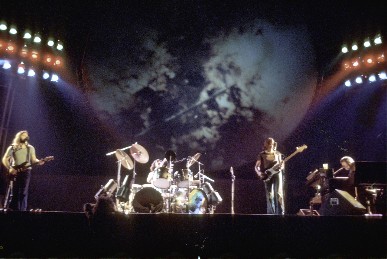 LOS ANGELES - APRIL 1975: British rock band Pink Floyd (L-R David Gilmour, Nick Mason, Roger Waters and Rick Wright perform live at the Los Angeles Memorial Sports Arena in April 1975 in Los Angeles, California. (Photo by Michael Ochs Archives/Getty Images)