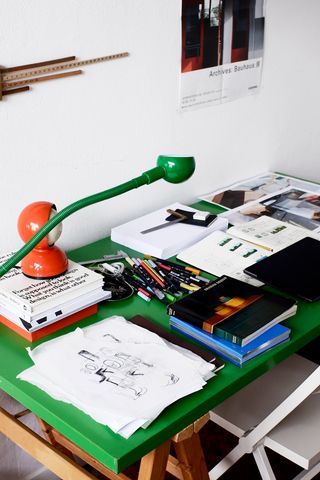Sketches ,reference materials on the desk of Mist-O's Tommaso Nani