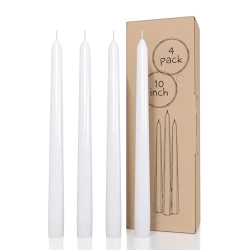 Candwax White Taper Candles 10 Inch Dripless - Set of 4 Tapered Candles Ideal as Dinner Candles - Smokeless and Unscented Taper Candles Long Burning - Hand Poured Tall Candlesticks
