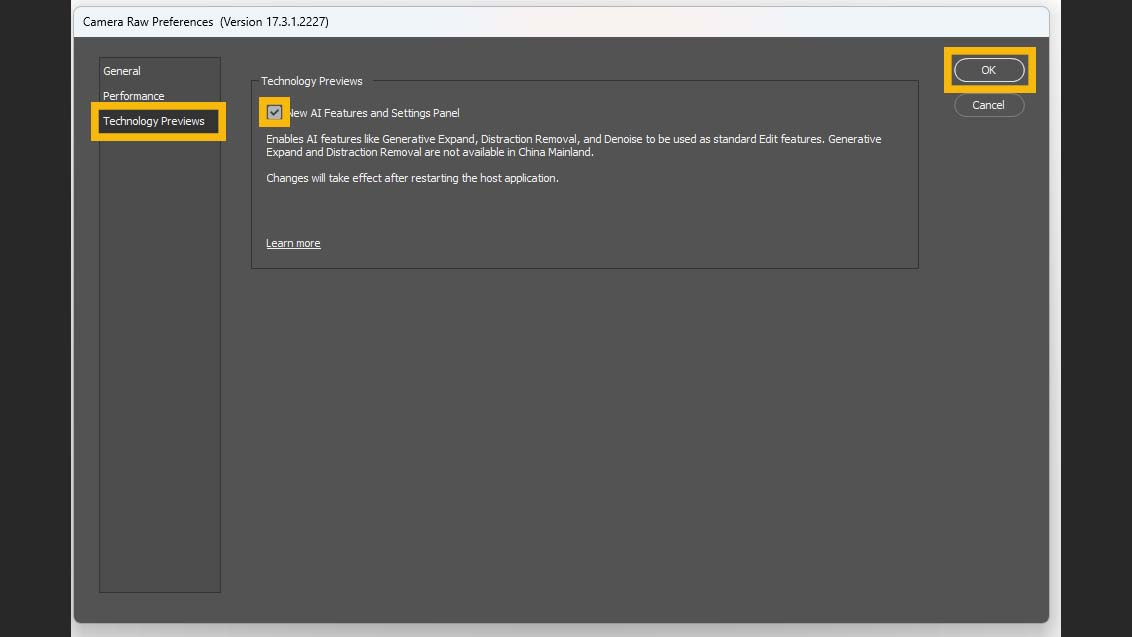 A screenshot of Photoshop's Camera Raw Preferences menu with "Technology Previews," New AI Features and Settings Panel," and "OK" highlighted in a yellow box.
