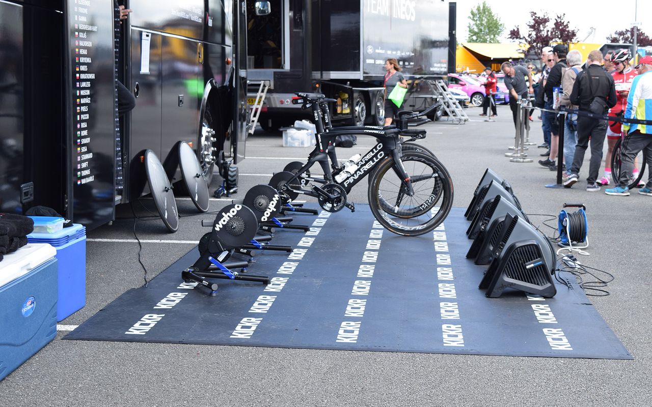 Team Ineos' warm-up setup comes courteesy of Wahoo