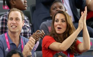 Prince William and Catherine, Duchess of Cambridge watching the track cycling on day 1 of the London 2012 Paralympic Games