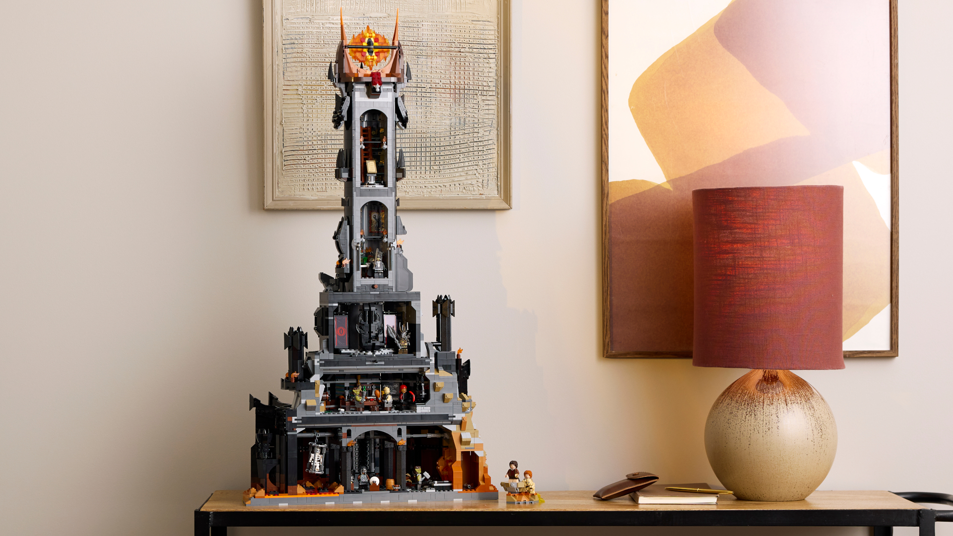 Lego Barad-dur as seen from the back, stood on a side-table