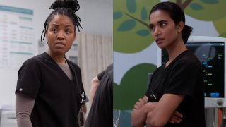 From left to right: Ayesha Harris as Dr. Ellis and Supriya Ganesh as Dr. Mohan on The Pitt. 