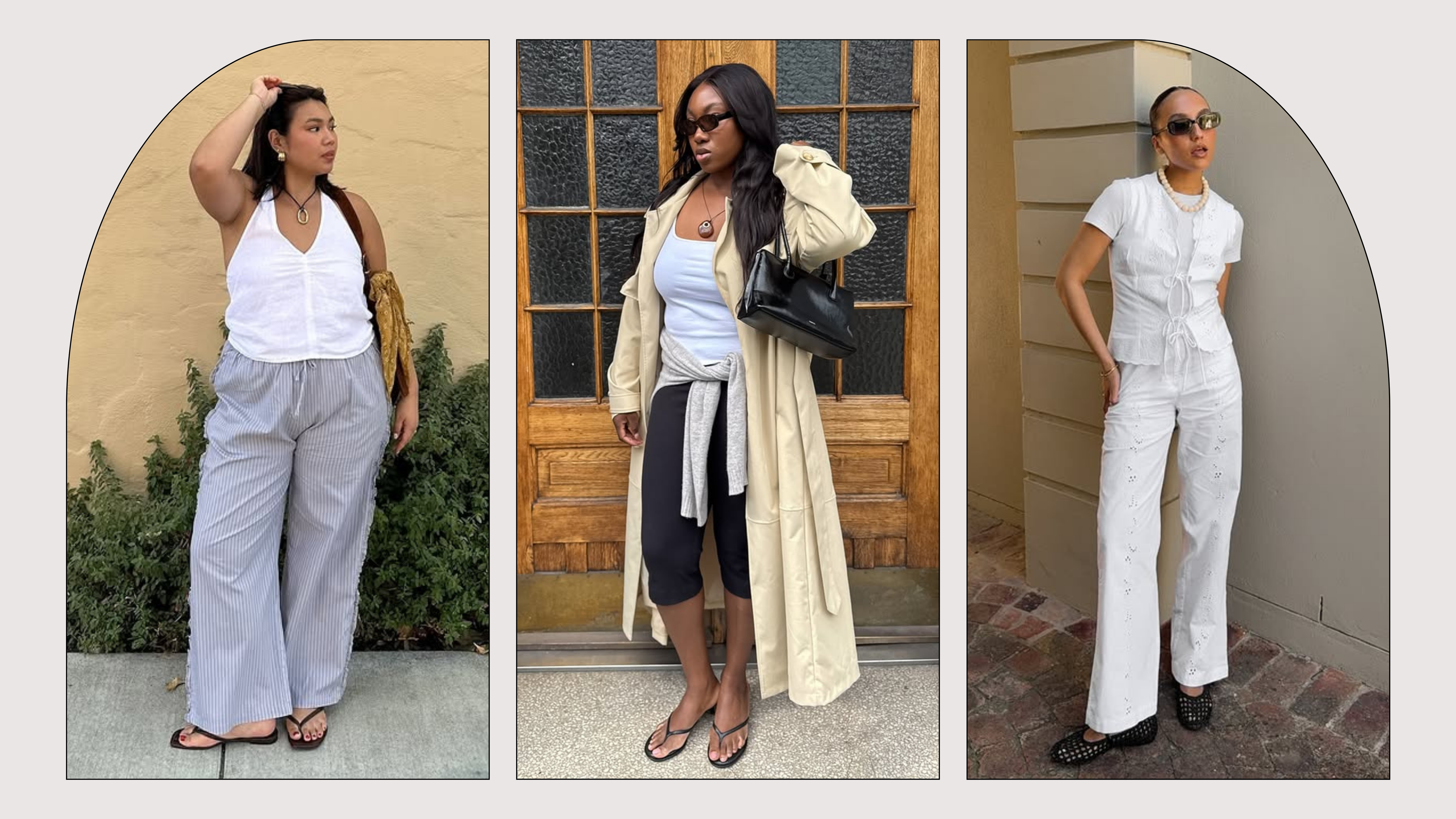 A selection of stylish women wear various summer trouser trends