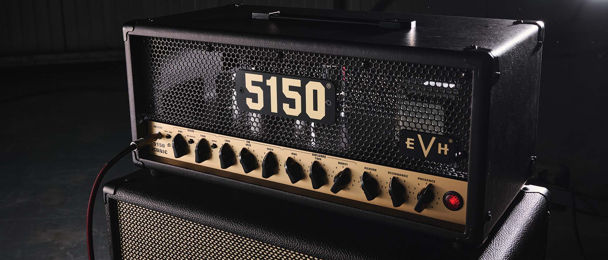 EVH 5150 Iconic Series 15-watt head: the black amp with gold control panel is photographed in close-up
