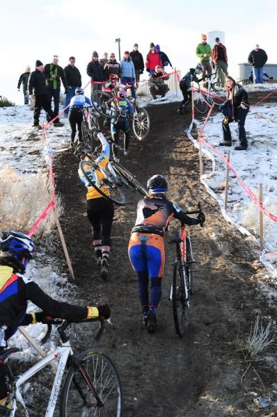 Women on a long, steep run-up.