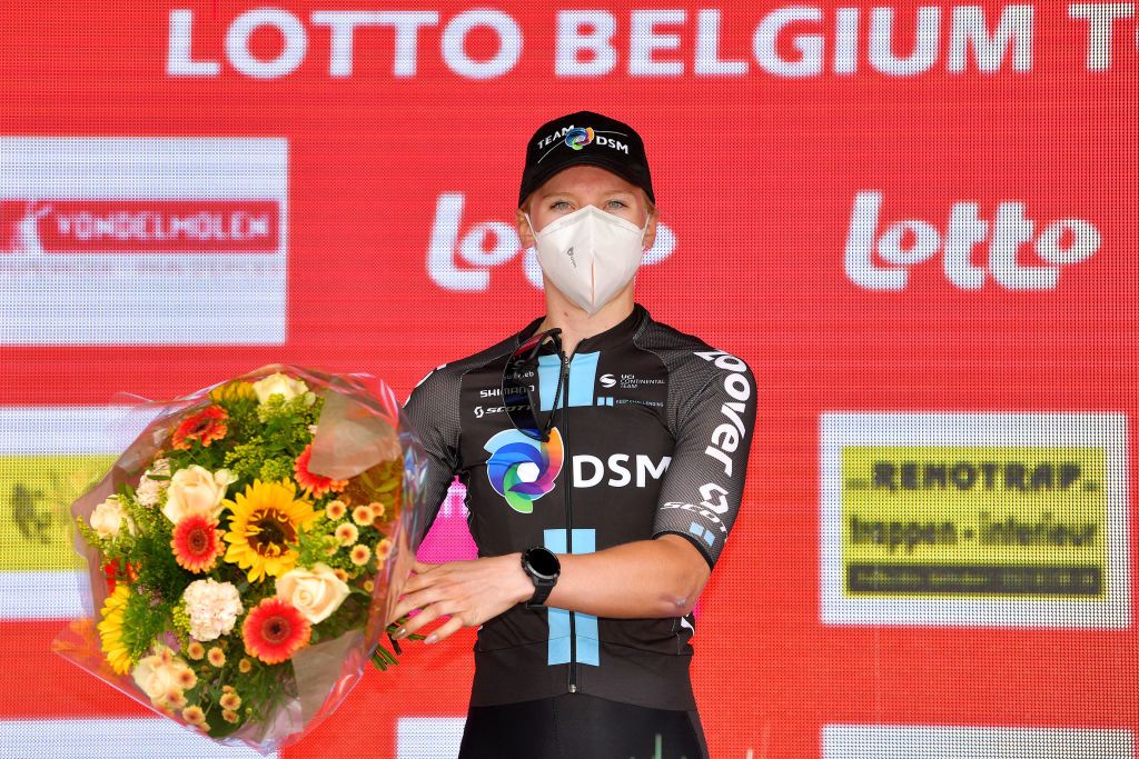 BRUGGE BELGIUM JUNE 23 Lorena Wiebes of The Netherlands and Team DSM stage winner celebrates at podium during the 9th Lotto Belgium Tour 2021 Stage 1 a 1126km stage from Blankenberge to Bruges LottoBelgTour LottoBelgiumTour on June 23 2021 in Brugge Belgium Photo by Luc ClaessenGetty Images