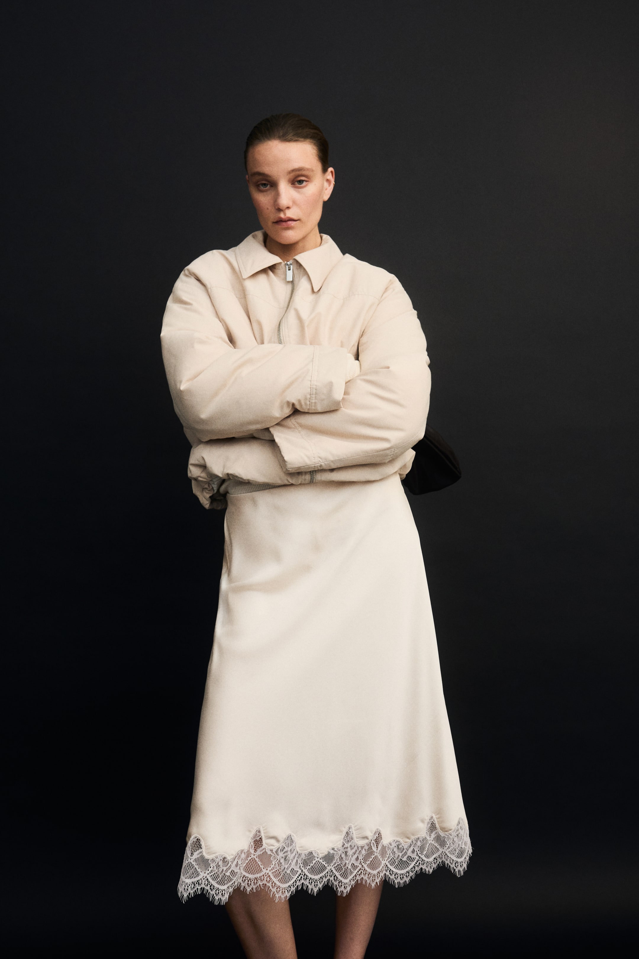 Lace-Trimmed Slip Skirt - Light Beige