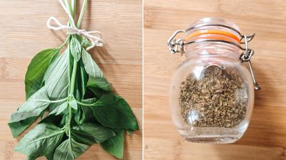 Two pictures - one of a bunch of green basil tied with twine on a wooden board and one glass jar filled with dried basil on top of a wooden board