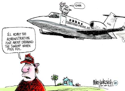 Political cartoon U.S. MAGA draining swamp Tom Price private jets