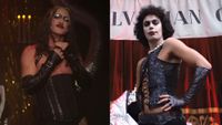 Luke Evans as Frank on The Tonight Show and Tim Curry side by side. 