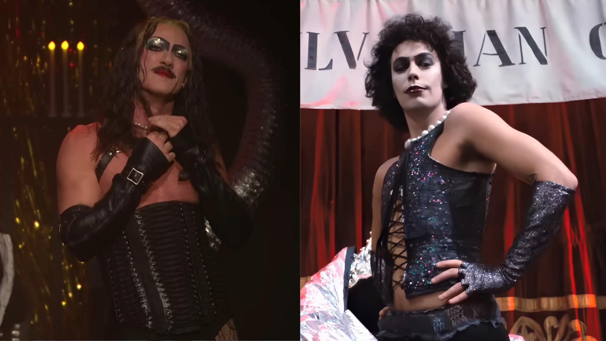 Luke Evans as Frank on The Tonight Show and Tim Curry side by side. 