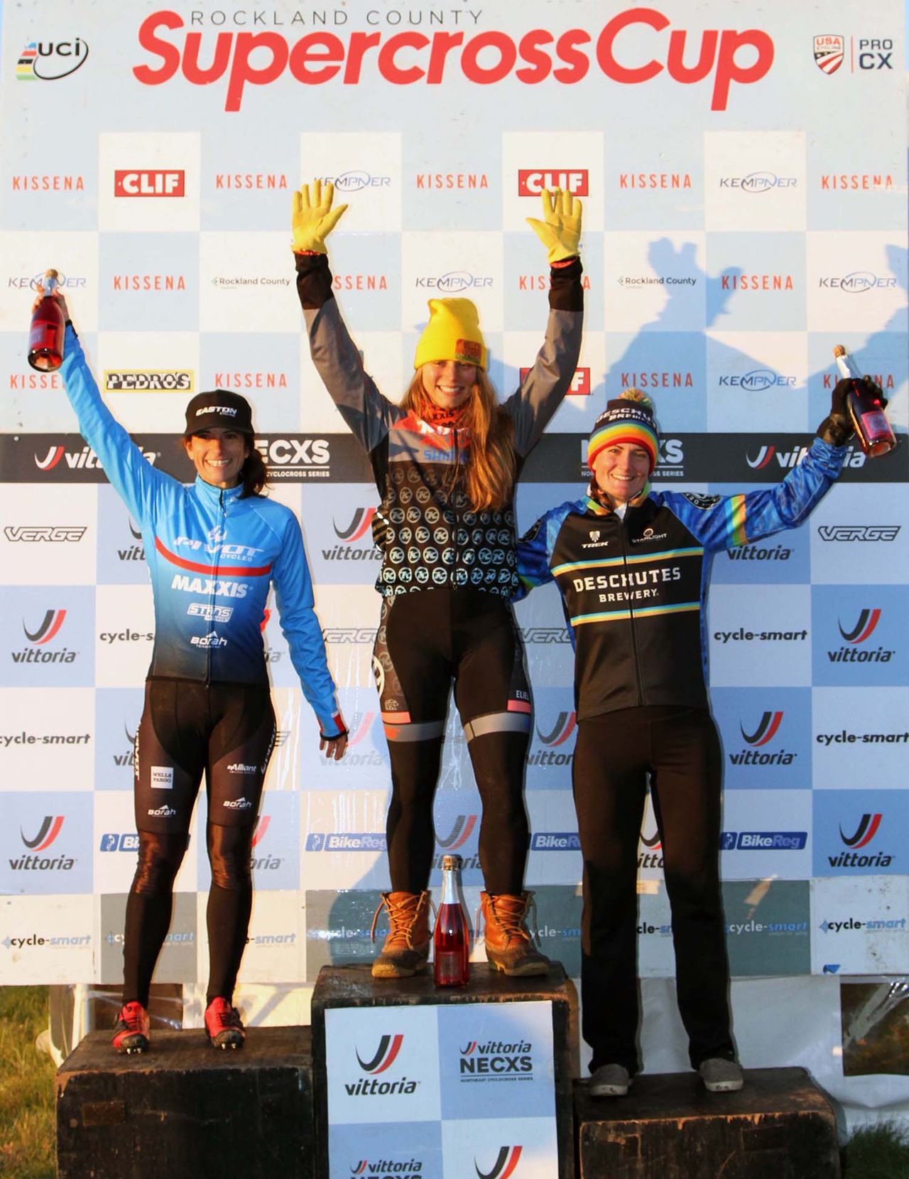 Rebecca Fahringer atop the women's podium in New York
