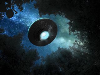 An artist's rendering shows a flying saucer descending into the woods at night.
