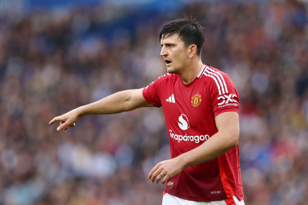 BRIGHTON, ENGLAND - AUGUST 24: Harry Maguire of Manchester United gestures during the Premier League match between Brighton & Hove Albion FC and Manchester United FC at Amex Stadium on August 24, 2024 in Brighton, England. (Photo by Eddie Keogh/Getty Images)