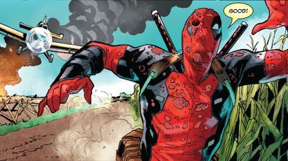 Deadpool running from a small plane just like Roger Thornhill (Cary Grant) in North By Northwest