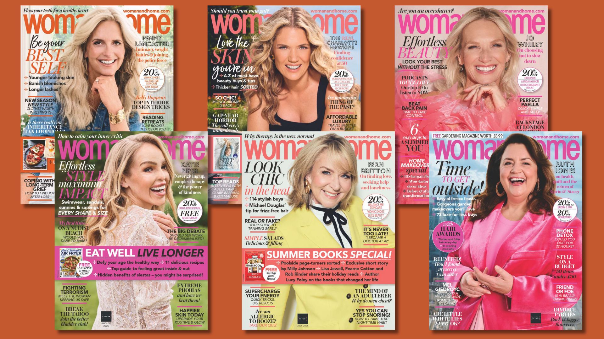 woman&amp;home magazine covers for the Nov-June 2025 issues, featuring Penny Lancaster, Charlotte Hawkins, Jo Whiley, Katy Piper, Fern Britton, and Ruth Jones