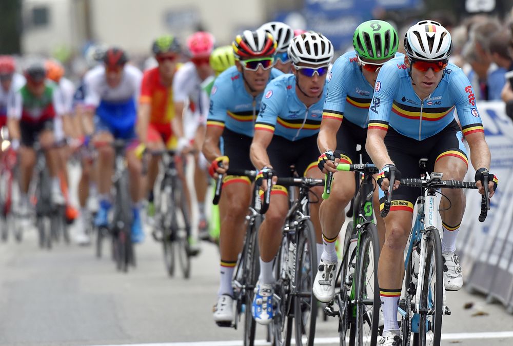 The Belgians line up on the front near the end of the race