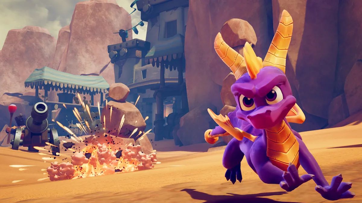 Spyro the purple dragon running away from an explosion in Spyro Reignited Trilogy.