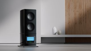 The McIntosh PS1K powered subwoofer in a modern minimalist room with wood panelling