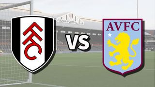The Fulham and Aston Villa club badges on top of a photo of Craven Cottage in London, England
