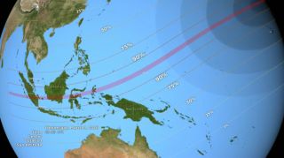 This NASA graphic shows the visibility ranges for the total solar eclipse of 2016 over parts of southeast Asia on March 9, 2016. The red bar in the center denotes the path of totality, where the full eclipse is visible.
