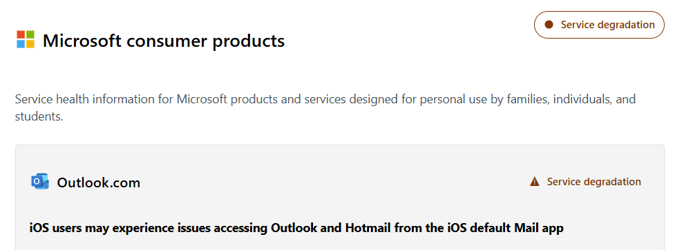 Microsoft service page showing Outlook issues April 2026