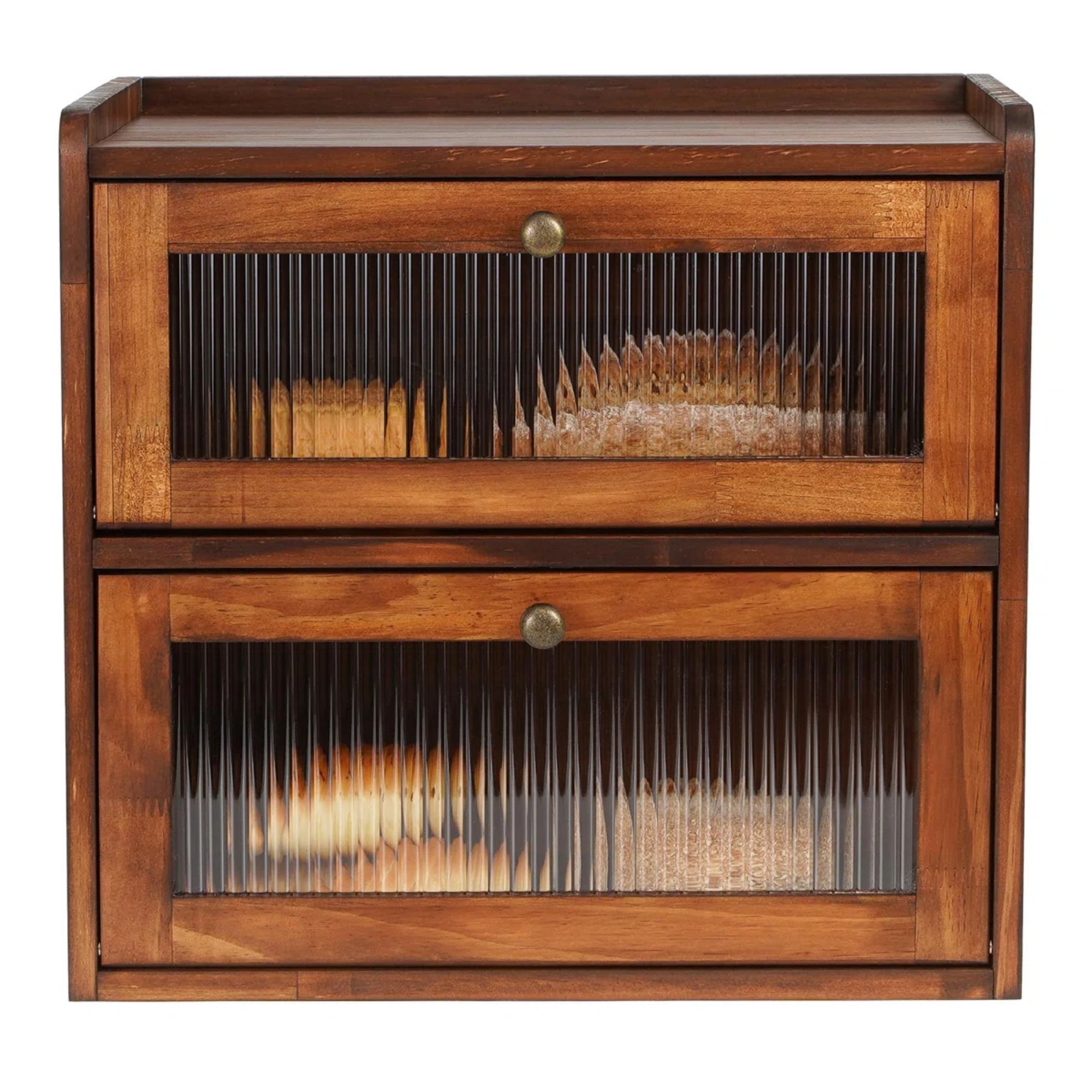 Two-tier wood bread box with ribbed acrylic inlays