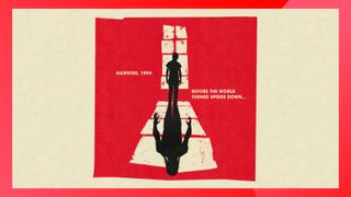 A shot of the Stranger Things play poster showing an illustration of two silhouettes against a red background