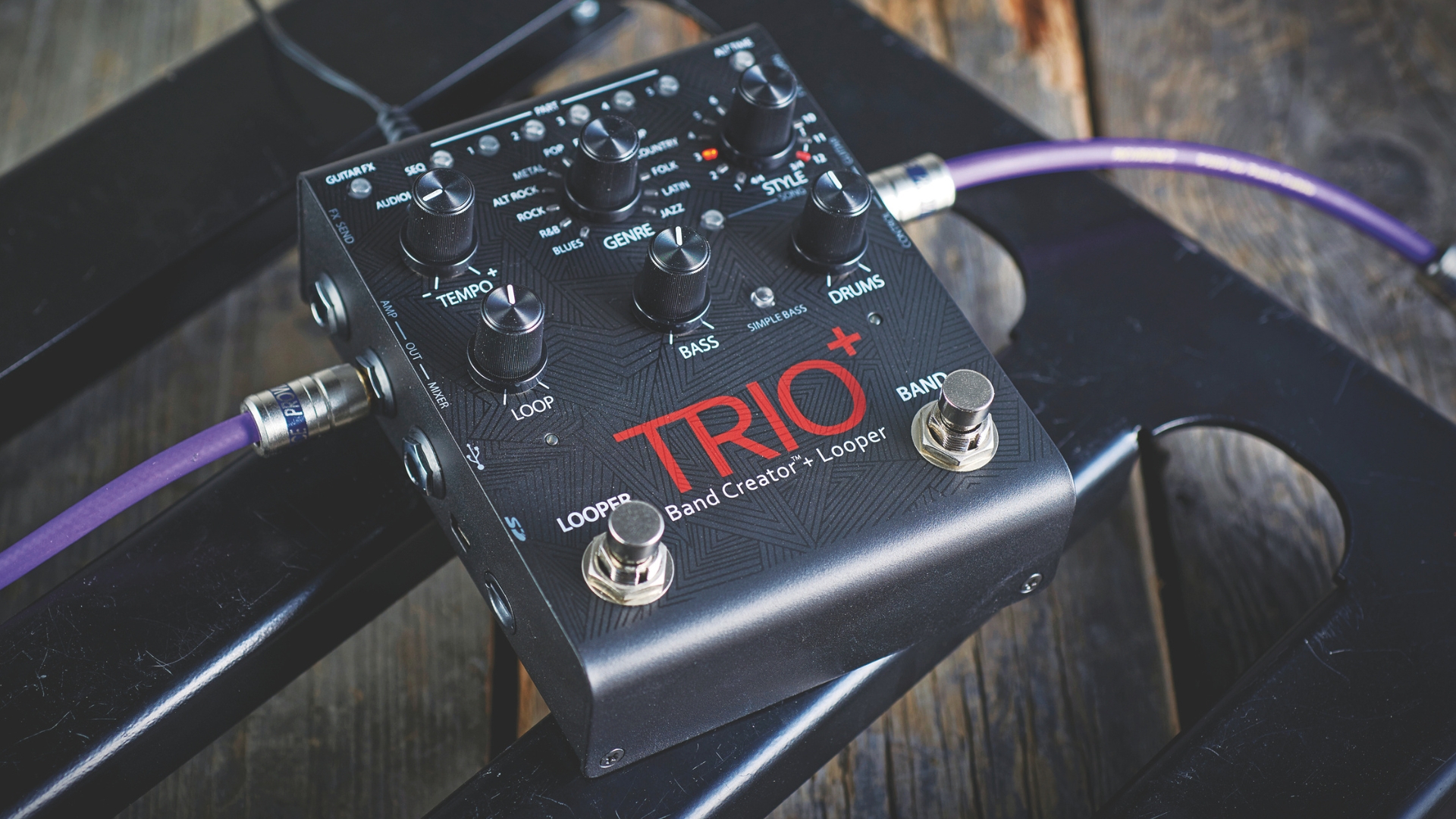 A Digitech Trio+ looper pedal on a pedalboard
