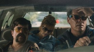 Jady (Peter Dinklage), Cath (Glenn Close) and Moke (Josh Brolin) (L-R) sitting in a car together in Prime Video's "Brothers"