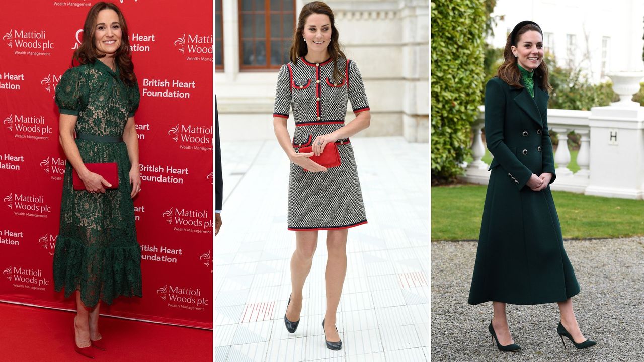 Pippa Middleton at the Heart Hero Awards 2023 side by side with Kate Middleton wearing the same bag in 2017 and the same style of shoe in 2020