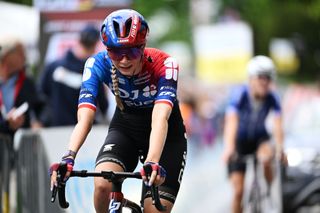 VILLARSSUROLLON SWITZERLAND JUNE 15 Evita Muzic of France and Team FDJSuez crosses the finish line during the 4th Tour de Suisse Women 2024 Stage 1 a 586km stage from VillarssurOllon to VillarssurOllon 1249m UCIWWT on June 15 2024 in VillarssurOllon Switzerland Photo by Tim de WaeleGetty Images