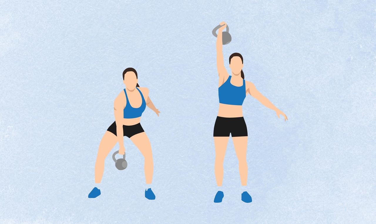 an illo of a woman doing a kettlebell snatch