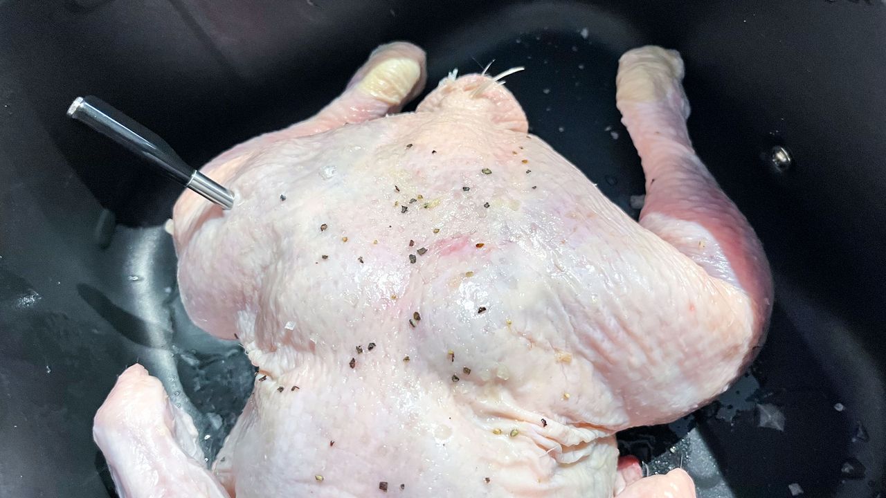 Raw whole chicken inserted with Cosori meat thermometer probe