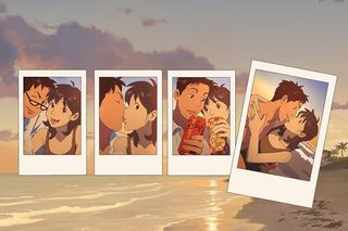 Four polaroids of a cartoon man and woman taking a selfie, posing with food, and kissing, in a promo image for the movie 'Lost in Starlight.'