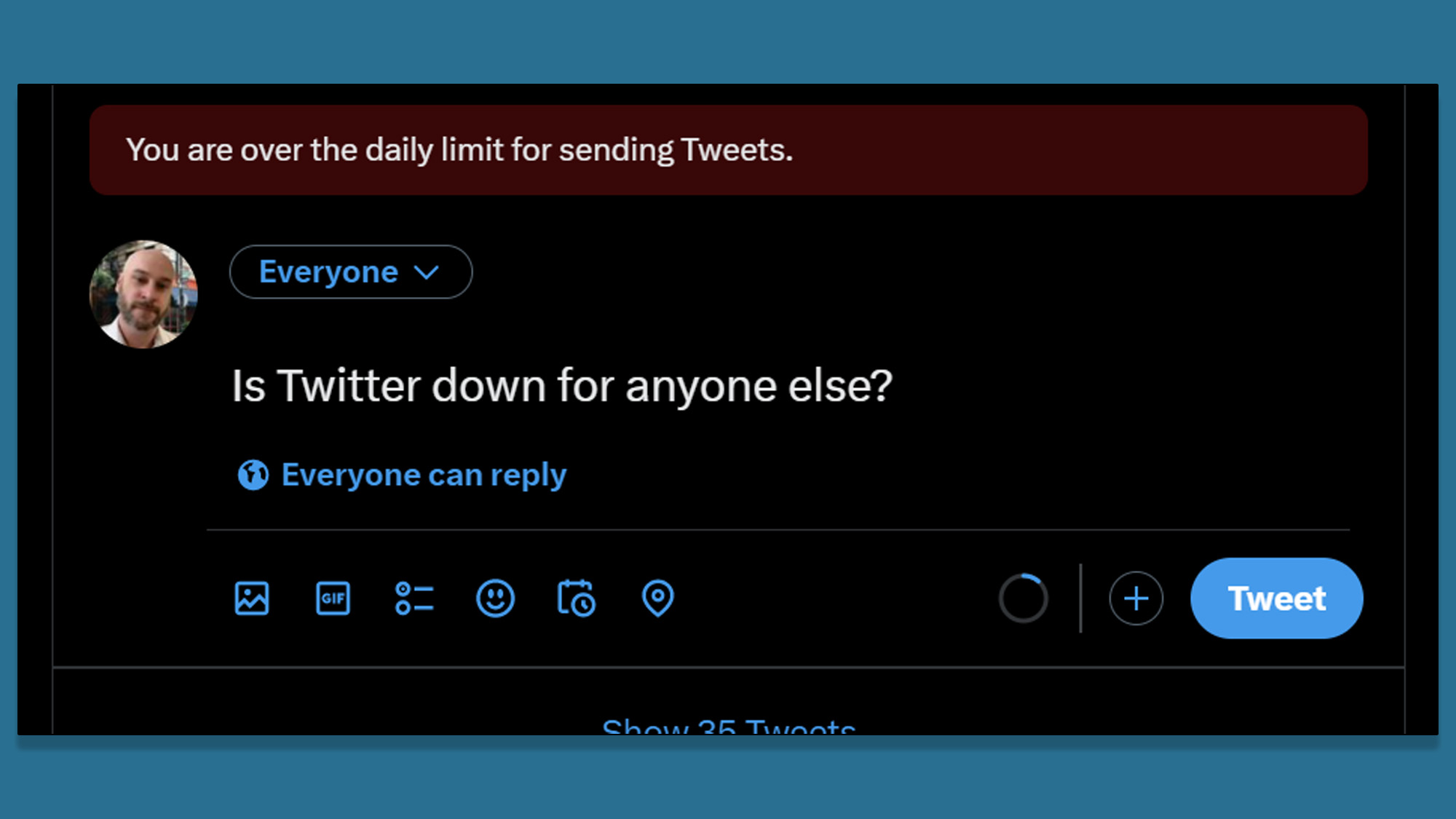 A screenshot of an attempted tweet giving an error