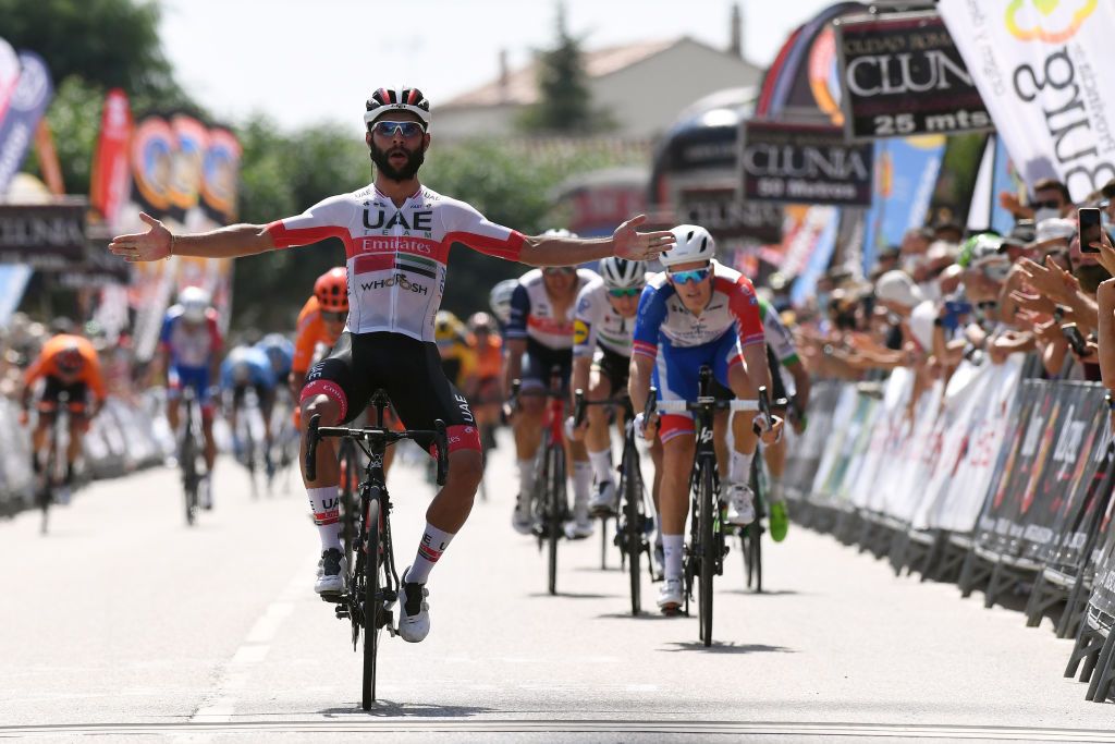 VILLADIEGO SPAIN JULY 29 Arrival Fernando Gaviria Rendon of Colombia and UAE Team Emirates Celebration Arnaud Demare of France and Team GroupamaFDJ Sam Bennett of Ireland and Team Deceuninck QuickStep Edward Theuns of Belgium and Team TrekSegafredo during the 42nd Vuelta a Burgos 2020 Stage 2 a 168km stage from Castrojeriz to Villadiego VueltaBurgos on July 29 2020 in Villadiego Spain Photo by David RamosGetty Images