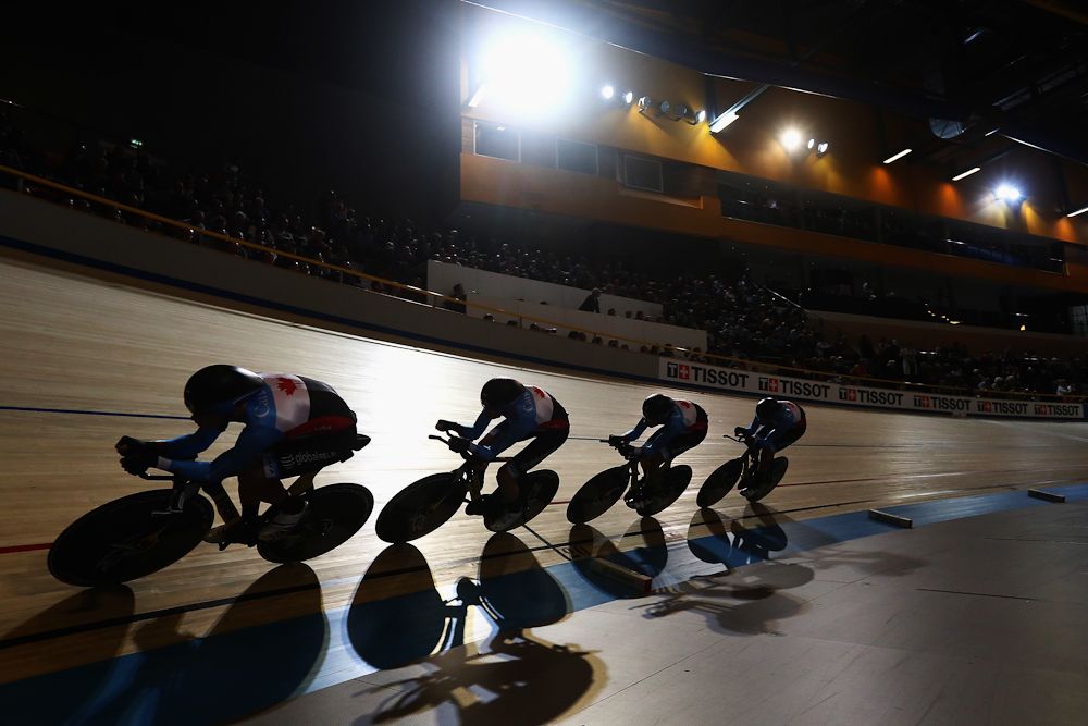 Adam Jamieson, Aidan Caves, Jay Lamoureux and Bayley Simpson of Canada compete in the Men's Team Pursuit Final