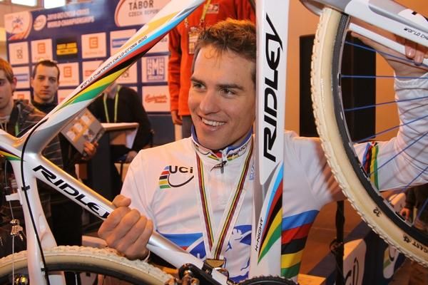Ridley had a newly painted rainbow striped frame all ready for Stybar at the finish.