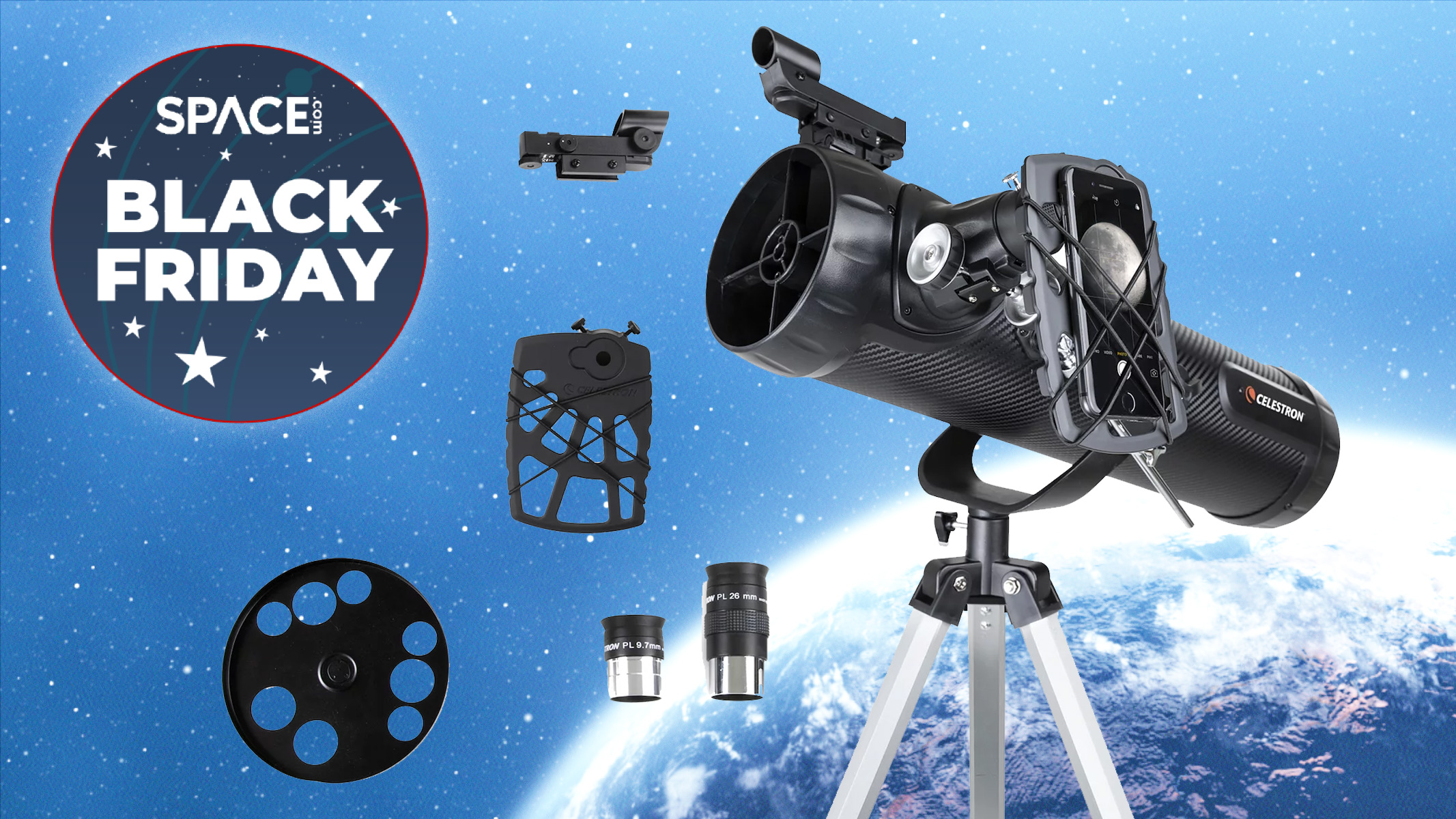 Celestron astromaster 114az-sr and accessories viewed in front of a space photo of the earth and stars with a black friday deal logo
