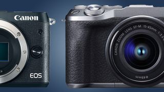 The Canon EOS M6 Mark II camera on a blue background