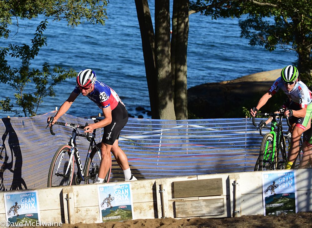 USA Champion Jeremy Powers (Aspire Racing) leading Curtis White at the uphill barriers