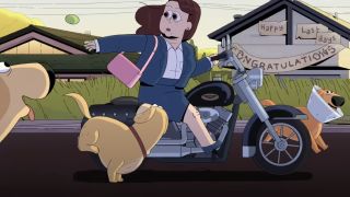 Carol Kohl riding a motorcycle with dogs in the Carol & the End of the World trailer