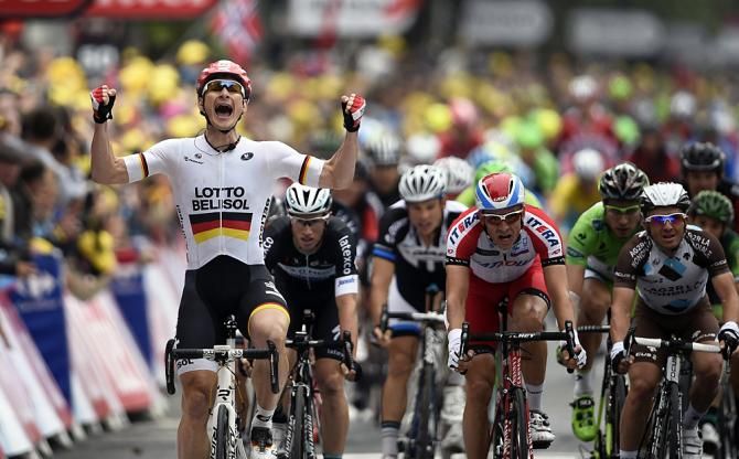 Andr&eacute; Greipel (Lotto Belisol) wins his first stage of the 2014 Tour de France