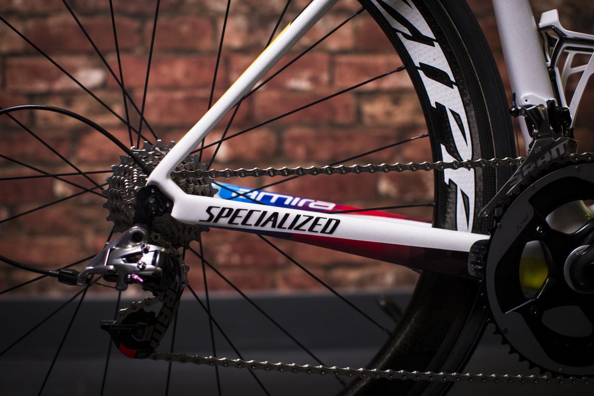 Specialized writes its own name in black to ensure it stands out against the white