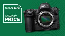 Nikon Z8 on a green background with TechRadar lowest price text overlay