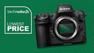 Nikon Z8 on a green background with TechRadar lowest price text overlay