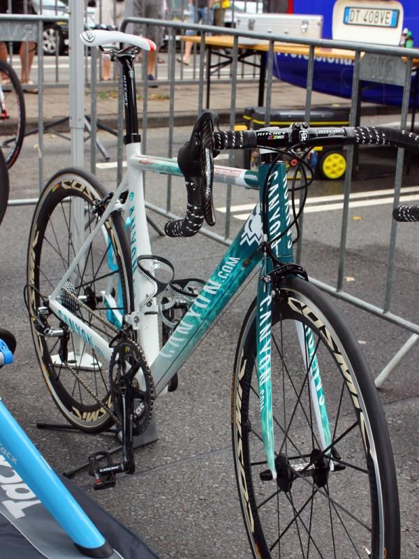 Omega Pharma-Lotto's Canyon Ultimate CF SLX frames include stout forks for precise handling.